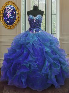 Blue Organza and Sequined Lace Up Sweetheart Sleeveless Floor Length Quince Ball Gowns Beading and Ruffles