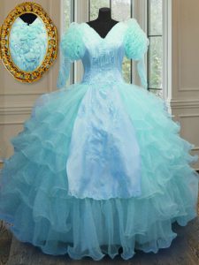 Blue 15th Birthday Dress Military Ball and Sweet 16 and Quinceanera and For with Embroidery and Ruffled Layers V-neck Long Sleeves Zipper