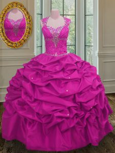Captivating Straps Beading and Pick Ups Ball Gown Prom Dress Fuchsia Lace Up Cap Sleeves Floor Length
