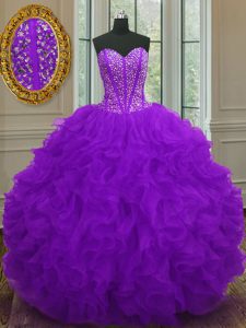 Discount Organza Sweetheart Sleeveless Lace Up Beading and Ruffles Party Dresses in Purple