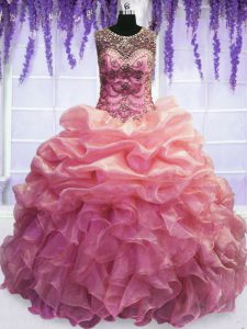 Baby Pink Organza Lace Up Scoop Sleeveless Floor Length Quinceanera Gown Beading and Pick Ups