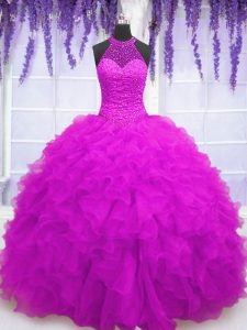 Fuchsia Organza Lace Up Sweet 16 Dress Sleeveless Floor Length Beading and Ruffles