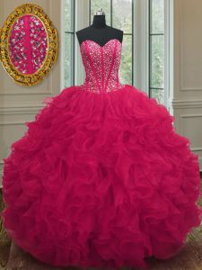 Fantastic Coral Red Sleeveless Floor Length Beading and Ruffles Lace Up Quinceanera Gown