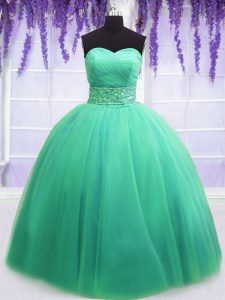 Inexpensive Turquoise Sleeveless Floor Length Beading and Belt Lace Up Teens Party Dress