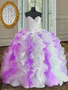 Customized White And Purple Ball Gowns Beading and Ruffles Quinceanera Gown Lace Up Organza Sleeveless Floor Length