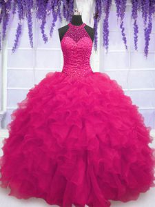 High End Hot Pink High-neck Lace Up Beading and Ruffles Quinceanera Gown Sleeveless