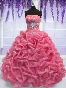 Sleeveless Floor Length Beading Lace Up Quinceanera Dress with Rose Pink