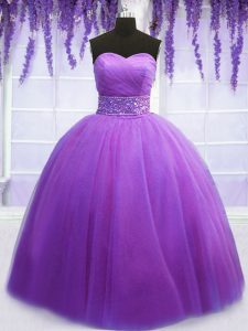 Romantic Purple Sleeveless Floor Length Belt Lace Up 15 Quinceanera Dress