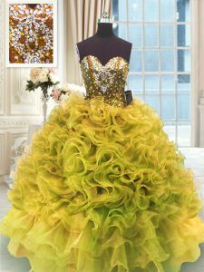 Wonderful Floor Length Gold Quinceanera Gowns Sweetheart Sleeveless Lace Up