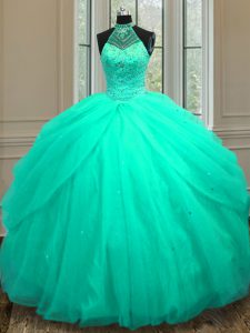 Sequins Halter Top Sleeveless Lace Up Sweet 16 Quinceanera Dress Turquoise Tulle