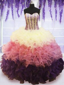 Captivating Multi-color Organza Lace Up Sweetheart Sleeveless Floor Length 15 Quinceanera Dress Beading and Ruffles and Ruffled Layers