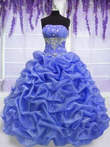 Most Popular Blue Organza Lace Up Strapless Sleeveless Floor Length Quinceanera Gowns Beading and Pick Ups