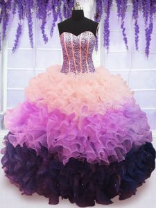 Modern Multi-color Organza Lace Up Sweetheart Sleeveless Floor Length Quinceanera Dress Beading and Ruffles and Ruffled Layers