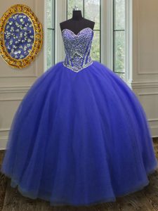 Glittering Sweetheart Sleeveless Lace Up Quinceanera Gown Royal Blue Tulle
