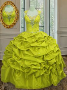 Yellow Green Taffeta Lace Up Straps Sleeveless Floor Length Quinceanera Gowns Beading and Pick Ups