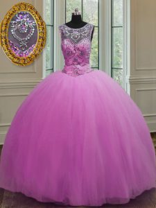 Beautiful Scoop Sleeveless Tulle Floor Length Lace Up 15 Quinceanera Dress in Lilac with Beading