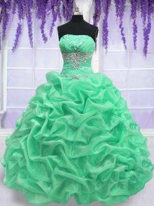 Elegant Floor Length Lace Up Sweet 16 Dress Apple Green for Military Ball and Sweet 16 and Quinceanera with Beading
