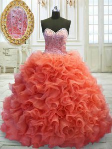 Beautiful Coral Red Ball Gowns Organza Sweetheart Sleeveless Beading and Ruffles Lace Up Sweet 16 Quinceanera Dress Sweep Train
