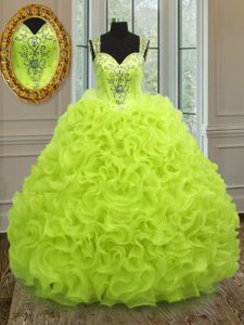 Straps Sleeveless Organza Floor Length Zipper Quinceanera Dresses in Yellow Green with Beading and Ruffles
