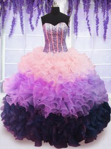 Glorious Floor Length Lace Up Vestidos de Quinceanera Multi-color for Military Ball and Sweet 16 and Quinceanera with Beading and Ruffles and Ruffled Layers