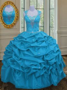 Fantastic Aqua Blue Quinceanera Gowns Military Ball and Sweet 16 and Quinceanera and For with Beading and Pick Ups Straps Sleeveless Lace Up