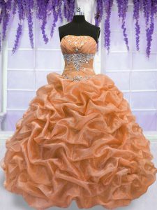 Lovely Strapless Sleeveless Organza Quince Ball Gowns Beading Lace Up