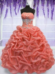 Beading Ball Gown Prom Dress Watermelon Red and Coral Red Lace Up Sleeveless Floor Length