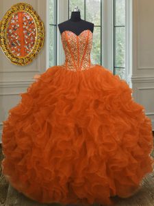 Floor Length Ball Gowns Sleeveless Orange Red Ball Gown Prom Dress Lace Up