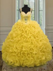 Popular Gold Sleeveless Beading and Ruffles Floor Length Ball Gown Prom Dress