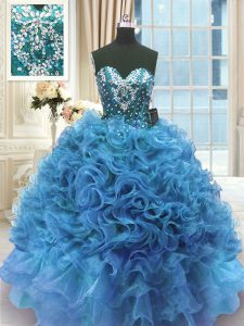 Excellent Blue Sleeveless Floor Length Beading and Ruffles Lace Up Vestidos de Quinceanera