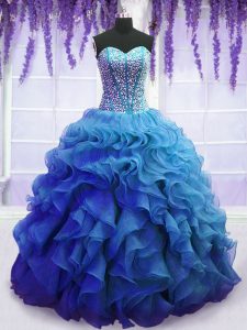 Most Popular Beading and Ruffles Vestidos de Quinceanera Blue Lace Up Sleeveless Floor Length