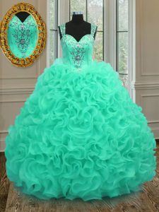 Straps Floor Length Apple Green Quinceanera Gowns Organza Sleeveless Beading and Ruffles