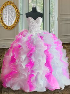 Pink And White Organza Lace Up 15th Birthday Dress Sleeveless Floor Length Beading and Ruffles