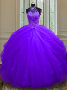 Charming Purple Halter Top Lace Up Beading and Sequins Quinceanera Dresses Sleeveless