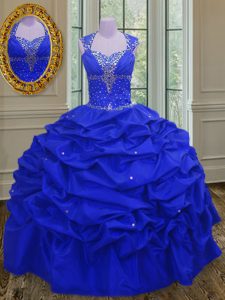 Royal Blue Ball Gowns Taffeta Straps Sleeveless Beading and Pick Ups Floor Length Lace Up Quinceanera Dress