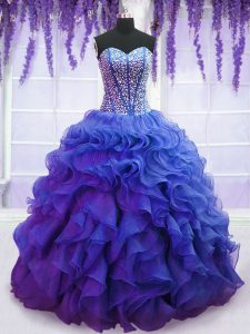 Hot Selling Royal Blue Sweetheart Neckline Beading and Ruffles Ball Gown Prom Dress Sleeveless Lace Up