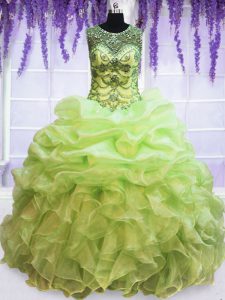 Low Price Yellow Green Ball Gowns Organza Scoop Sleeveless Beading and Pick Ups Floor Length Lace Up Sweet 16 Dresses