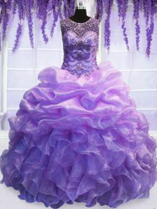 Sexy Scoop Floor Length Lace Up Quinceanera Dress Lavender for Military Ball and Sweet 16 and Quinceanera with Beading and Pick Ups