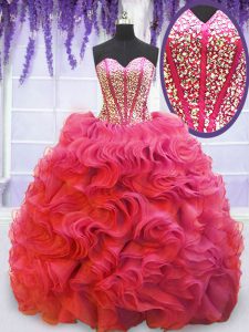 Coral Red Sleeveless Beading and Ruffles Lace Up Sweet 16 Quinceanera Dress