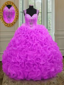 Enchanting Straps Sleeveless Organza Floor Length Lace Up Quinceanera Gowns in Fuchsia with Beading and Ruffles