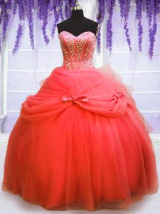 Designer Coral Red 15th Birthday Dress Military Ball and Sweet 16 and Quinceanera and For with Beading and Bowknot Sweetheart Sleeveless Lace Up