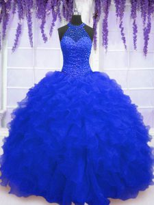 Sleeveless Organza Floor Length Lace Up Quinceanera Gown in Royal Blue with Beading and Ruffles and Sequins