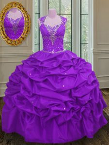 Purple Taffeta Lace Up Straps Sleeveless Floor Length Quinceanera Gown Beading and Pick Ups