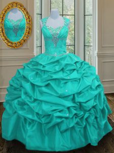 Customized Straps Floor Length Lace Up Quinceanera Gown Aqua Blue for Military Ball and Sweet 16 and Quinceanera with Beading and Pick Ups