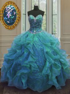 Floor Length Lace Up Sweet 16 Dresses Blue for Military Ball and Sweet 16 and Quinceanera with Beading and Ruffles