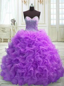 Custom Fit Purple Ball Gowns Beading and Ruffles Quinceanera Gown Lace Up Organza Sleeveless