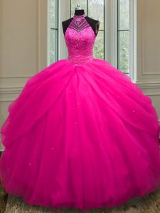 Halter Top Hot Pink Lace Up Sweet 16 Dress Beading and Sequins Sleeveless Floor Length