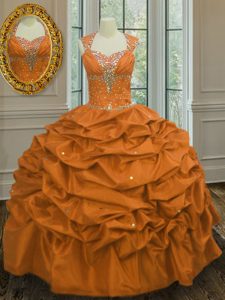 Nice Orange Taffeta Lace Up Straps Sleeveless Floor Length Quinceanera Gowns Beading and Pick Ups