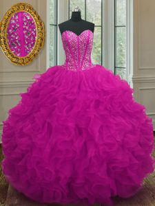 Custom Design Sweetheart Sleeveless Lace Up Quinceanera Gown Fuchsia Organza