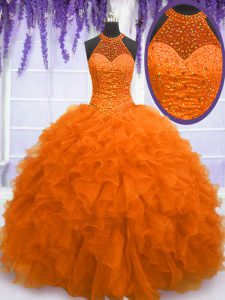 Orange Red Sleeveless Organza Lace Up Quinceanera Gown for Military Ball and Sweet 16 and Quinceanera